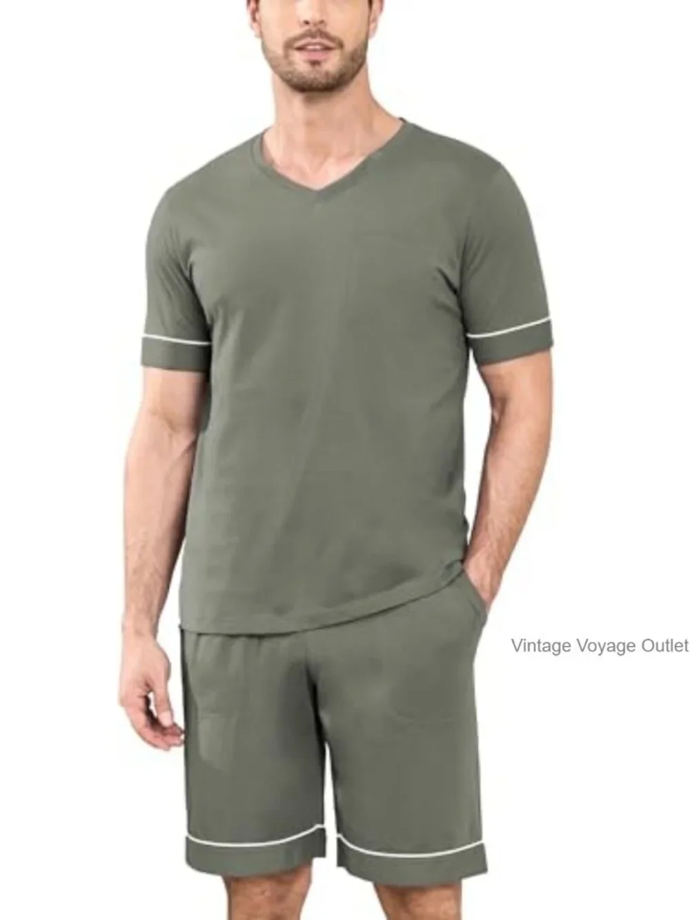 100% Cotton 2-Piece Pajama Set V-Neck Short Sleeve Sleepwear with Pockets
